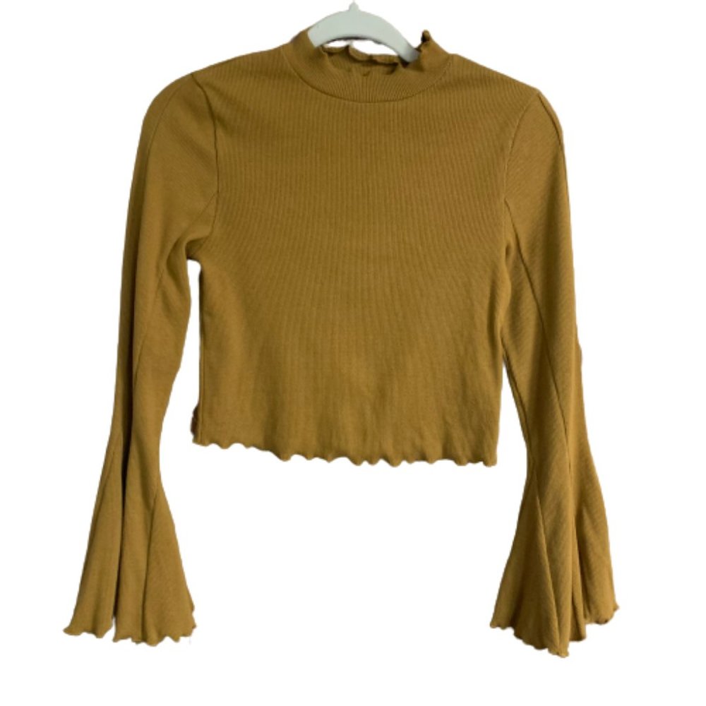NWT Love Riche Women's Cropped Small Mustard Yellow Ruffled Bell Sleeve Blouse